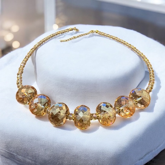 Handmade Jewelry - Light Champagne Lampwork Glass Amber Gold Tone Crystal Necklace